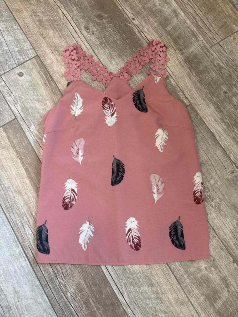 SHEIN Rose Pink Feather Print Sundress with Crochet Floral Straps